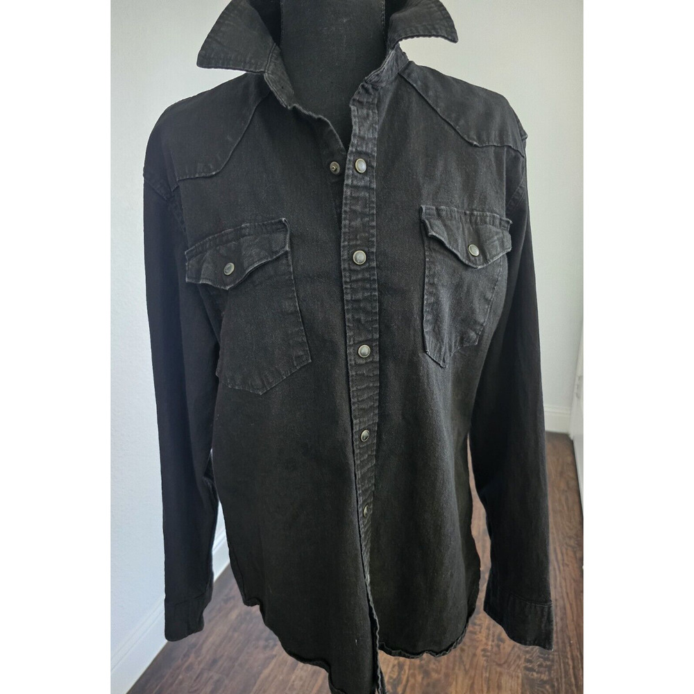 Wrangler Denim Button Up Pearl Snap Western Black Trucker Shirt Thick Size M
